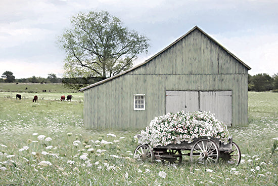 Lori Deiter LD3986 - LD3986 - Gentle Hues of Summer - 18x12 green barn, flower wagon, white flowers, wildflower meadow, rural landscape, country field, farmhouse decor, spring countryside, rustic barn, pastoral scene, soft painterly style, vintage wagon, blooming cart, cows grazing in distance, serene farm art from Penny Lane