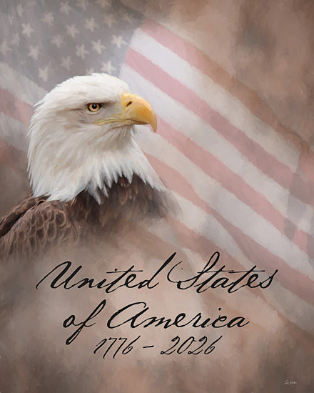 Lori Deiter LD4001 - LD4001 - United States of America 1776-2026 - 12x16 bald eagle, eagle portrait, American eagle, USA flag background, stars and stripes, patriotic, Americana, 1776, 2026, 250th anniversary, Independence Day, freedom, liberty, national pride, wildlife, bird, raptor, close up, painterly, soft brush strokes, rustic, vintage style, script lettering, United States of America text from Penny Lane