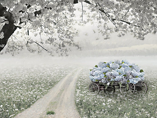 Lori Deiter LD4063 - LD4063 - Old Country Hydrangea Wagon - 16x12 cherry blossoms, spring blossoms, flowering tree, misty field, foggy landscape, country path, dirt road, wagon, cart, blue hydrangeas, floral wagon, peaceful, serene, nature, landscape, moody, neutral, soft pastel, painterly, springtime, countryside from Penny Lane