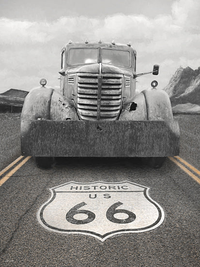 Lori Deiter LD4079 - LD4079 - Route 66 Old Tow Truck - 12x16 vintage truck, old pickup truck, historic route 66, highway road sign, Americana travel, transportation, retro vehicle, rustic metal, black and white, monochrome, moody, desert road, mountains, landscape, road trip from Penny Lane