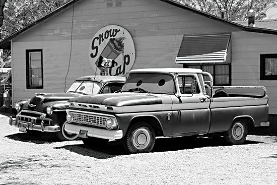 Lori Deiter LD4082 - LD4082 - Snow Cap Vintage Vehicles - 18x12 snow cap diner, route 66 roadside, vintage pickup truck, classic car, Americana, black and white photography style, retro travel, roadside attraction, old vehicles, transportation, rustic building, signage, moody, nostalgic from Penny Lane
