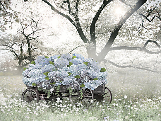 Lori Deiter LD4084 - LD4084 - Misty Morning Flower Wagon - 16x12 hydrangea wagon, blue hydrangeas, flower cart, wooden wagon, green meadow, springtime, blooming trees, soft focus, misty, dreamy landscape, nature, floral, whimsical, painterly, brush strokes from Penny Lane