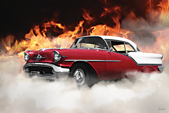Lori Deiter LD4107 - LD4107 - Flaming Oldsmobile - 18x12 travel, symbols & icons, transportation, classic car, hot rod, speed, flames, smoke, car culture, vintage, moody, digital painting, red from Penny Lane