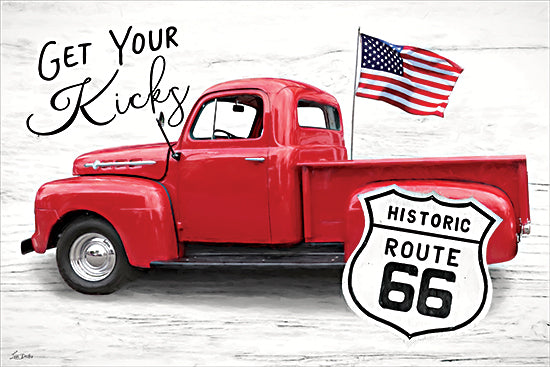 Lori Deiter LD4144 - LD4144 - Get Your Kicks - 18x12 patriotic & americana, travel, typography, americana, flags & stars, transportation, signs, word art, red truck, vintage truck, route 66, american flag, road trip, vintage, decorative, digital illustration, red from Penny Lane