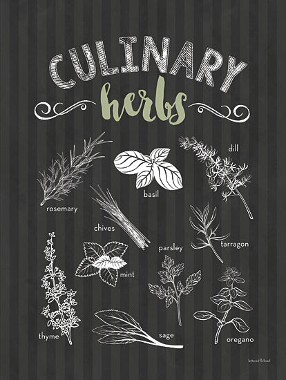 lettered & lined LET1132 - LET1132 - Culinary Herbs - 12x16 culinary herbs chalkboard print, rosemary, basil, dill, chives, parsley, tarragon, thyme, mint, sage, oregano, botanical line drawings, green lettering, black striped background, kitchen herb chart, farmhouse kitchen art, food and drink decor from Penny Lane