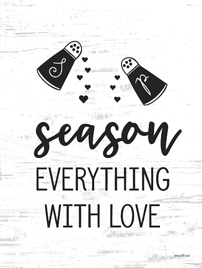 lettered & lined LET1155 - LET1155 - Season Everything with Love - 12x16 season everything with love, kitchen quote art, salt and pepper illustration, farmhouse typography, rustic white wood background, cooking decor, modern farmhouse sign from Penny Lane