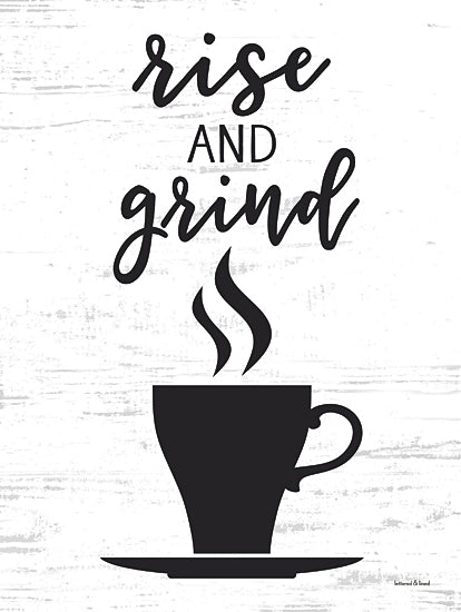 lettered & lined LET1159 - LET1159 - Rise and Grind - 12x16 rise and grind wall art, coffee quote print, coffee cup silhouette, morning motivation sign, farmhouse kitchen decor, rustic typography art, black and white design, neutral wall decor, cafe style artwork, inspirational kitchen sign, modern farmhouse print, distressed wood background, cozy coffee bar decor from Penny Lane