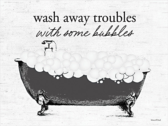 lettered & lined LET1233 - LET1233 - Wash Away Troubles Bathtub - 16x12 wash away troubles, bubbles, vintage bathtub, humorous bathroom quote, whimsical style, hand lettering, bath art, black and white sketch, playful decor from Penny Lane