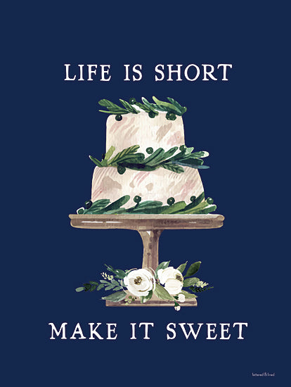 lettered & lined LET1269 - LET1269 - Life is Short   - 12x16 cake art, sweet quote, life is short, floral cake, dessert painting, navy blue background, watercolor cake from Penny Lane