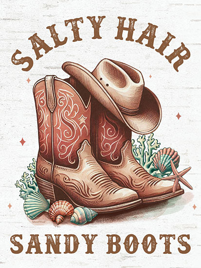 lettered & lined LET1287 - LET1287 - Salty Hair & Sandy Boots II - 12x16 cowboy boots, hat, sea shells, coral, salty hair, sandy boots, beach and western theme, rustic texture, coastal fusion, seaside decor from Penny Lane