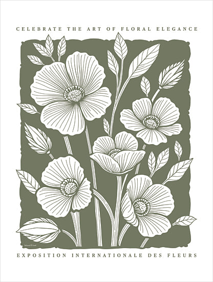 lettered & lined LET1343 - LET1343 - Art of Floral Elegance Poster I - 12x16 art nouveau floral poster, green and white poppy illustration, celebrate the art of floral elegance text, exposition internationale des fleurs, decorative botanical design, vintage exhibition poster, stylized flowers and leaves, neutral background, elegant typography, wall art print, feminine decor, lettered and lined from Penny Lane