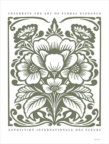 lettered & lined LET1345 - LET1345 - Art of Floral Elegance Poster III - 12x16 ornate floral folk art poster, symmetrical flower composition, green and white botanical illustration, art nouveau style border, celebrate the art of floral elegance text, exposition internationale des fleurs, decorative wall art, vintage inspired floral print, scrolling frame, stylized blossoms and leaves, feminine decor, lettered and lined from Penny Lane