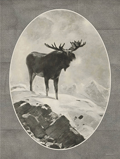 lettered & lined LET1362 - LET1362 - High Atop a Mountain I - 12x16 moose in snow, oval framed vintage illustration, mountain landscape, winter wildlife, neutral gray textile border, snowy alpine scene, rustic lodge wall art, monochrome painterly style, masculine cabin decor, cold weather nature print from Penny Lane