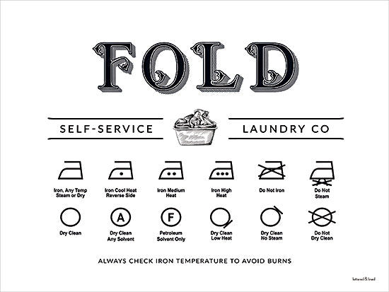 lettered & lined LET1462 - LET1462 - Fold Self-Service - 16x12 folding and ironing symbols, dry clean icons, self-service laundry, care instruction chart, ironing guide, black and white wall art, typography, decorative laundry print from Penny Lane