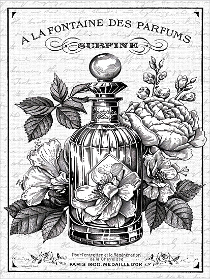 lettered & lined LET1467 - LET1467 - Surfine - 12x16 French perfume advertisement, botanical flowers, engraved illustration, apothecary bottle, Paris 1900, antique label design, black and white floral art, Victorian etching, romantic Paris decor, decorative typography, vintage cosmetic poster, neutral background script, still life floral arrangement from Penny Lane