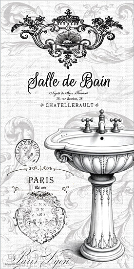 lettered & lined LET1468 - LET1468 - Salle de Bain - 9x18 French bathroom decor, pedestal sink illustration, Salle de Bain typography, Paris script background, vintage plumbing art, shabby chic bath print, black and white etching, ornate scrollwork, neutral farmhouse style, decorative French signage, antique bath advertisement from Penny Lane