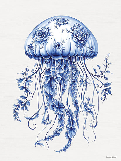 lettered & lined LET1549 - LET1549 - Toile Jellyfish - 12x16 blue jellyfish art, floral jellyfish, ocean life, aquatic animals, chinoiserie design, marine decor, coastal artwork from Penny Lane