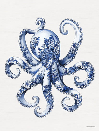 lettered & lined LET1550 - LET1550 - Toile Octopus - 12x16 blue and white octopus, floral octopus illustration, chinoiserie style, delft blue pattern, nautical wall art, coastal decor, ocean theme, tentacles, intricate linework, decorative sea life, marine art, botanical pattern overlay, contemporary coastal artwork from Penny Lane