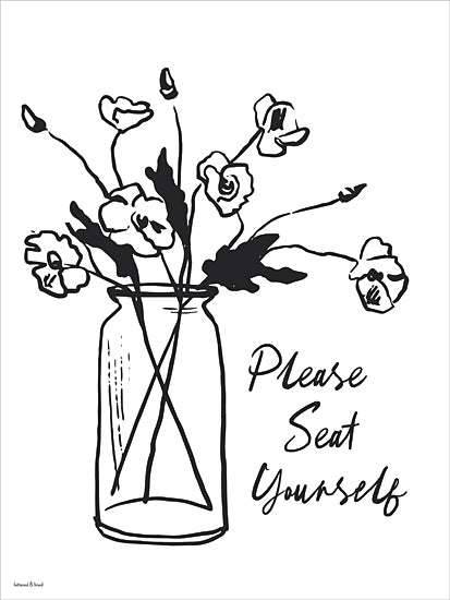 lettered & lined LET1576 - LET1576 - Please Seat Yourself Floral - 12x16 black and white floral illustration, vase with flowers, minimalist line art, home decor, typography art, please seat yourself sign from Penny Lane