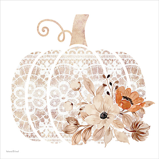lettered & lined LET1624 - LET1624 - Lace Pumpkin 1 - 12x12 autumn pumpkin floral arrangement,lacy pumpkin design,vintage lace texture,neutral fall colors,cream beige pumpkin,watercolor flowers,fall harvest decor,boho autumn aesthetic,thanksgiving decoration,rustic farmhouse fall art from Penny Lane