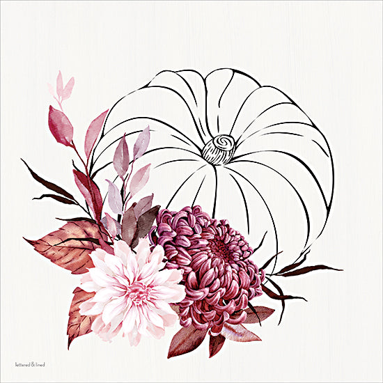 lettered & lined LET1626 - LET1626 - Moonlit Mums 1 - 12x12 outlined pumpkin with flowers,modern pumpkin line drawing,magenta chrysanthemum flowers,pink burgundy fall florals,autumn botanical arrangement,watercolor floral pumpkin,fall harvest artwork,feminine fall decor from Penny Lane