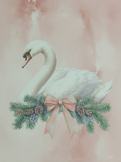 Lux + Me Designs LUX1154 - LUX1154 - Pretty in Pink Swan - 12x16 swan illustration, pastel pink background, pine branches and cones, ribbon bow, winter animal art, elegant holiday decor from Penny Lane
