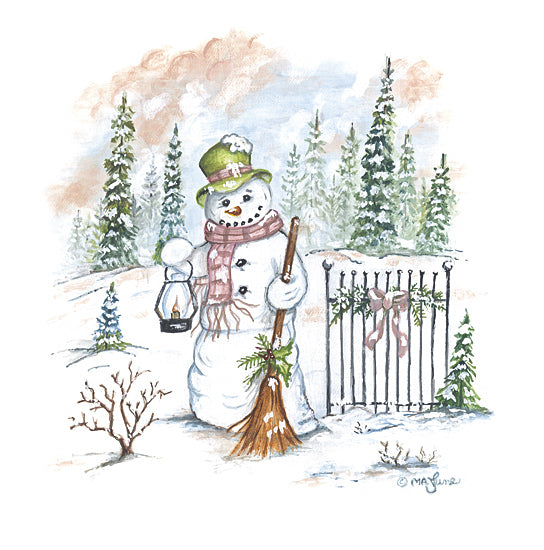 Mary Ann June MARY663 - MARY663 - Vintage Snowman - 12x12 winter snowman with lantern broom snowy forest watercolor winter scene christmas snow landscape whimsical from Penny Lane