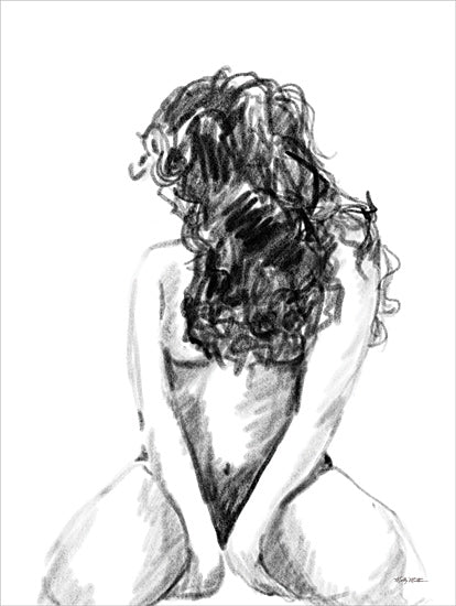 Molly Mattin MAT231 - MAT231 - Seated Nude - 12x16 seated woman sketch, back view of woman, long curly hair, expressive charcoal drawing, female nude figure, artistic pose, fine art nude, dramatic gesture from Penny Lane