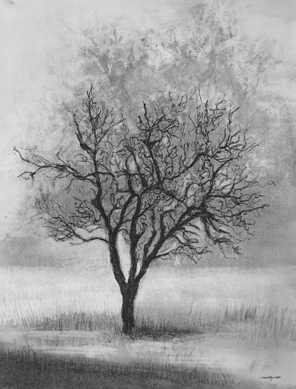 Molly Mattin MAT236 - MAT236 - Lonely - 12x16 black and white charcoal tree in mist moody landscape fog lone tree minimal nature artwork from Penny Lane