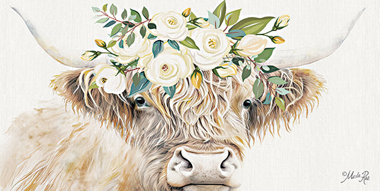 Marla Rae MAZ5894 - MAZ5894 - Floral Crown Highland I - 18x9 Highland cow face, floral crown, white roses, green leaves, spring blossoms, long horns, shaggy hair, feminine farmhouse decor, soft neutral background, botanical wreath, watercolor illustration, gentle cow portrait, rustic floral animal art from Penny Lane