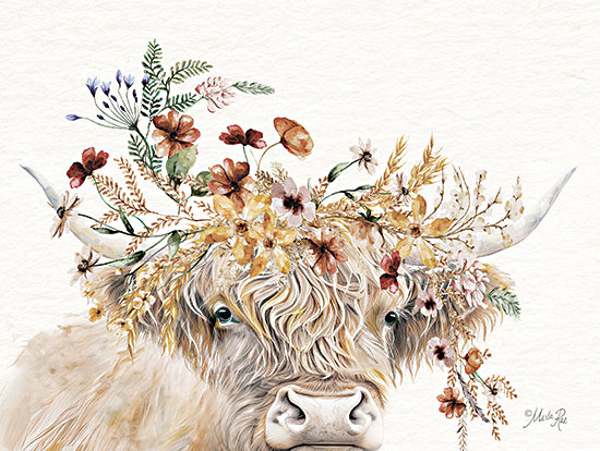 Marla Rae MAZ5914 - MAZ5914 - Wildflower Highland - 16x12 Highland cow portrait, wildflower crown, colorful flowers, golden wheat, red and yellow blooms, long horns, shaggy cow, rustic spring meadow feel, feminine country artwork, farmhouse animal print, watercolor floral cow, cheerful botanical decor from Penny Lane