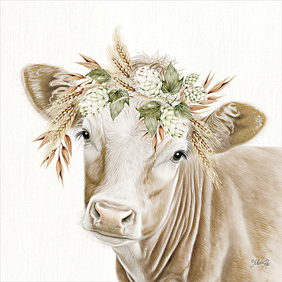 Marla Rae MAZ5915 - MAZ5915 - Jersey Girl - 12x12 Cream cow portrait, hops crown, barley, wheat stalks, green leaves, rustic brewery botanical feel, neutral farmhouse animal, soft cow face, agricultural greenery, country kitchen or lodge decor, hand-painted cow illustration from Penny Lane