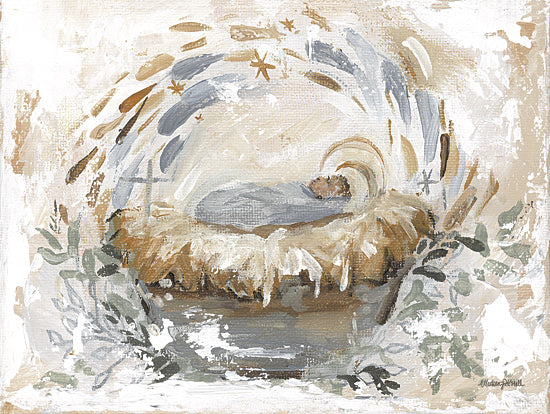 Mackenzie Kissell MKA248 - MKA248 - Praise Him - 16x12 Baby Jesus in manger, nativity cradle, abstract religious Christmas art, stars, halo-like brush strokes, soft beige blue and white palette, expressive painterly texture, Christian nursery scene, sacred holiday wall decor from Penny Lane
