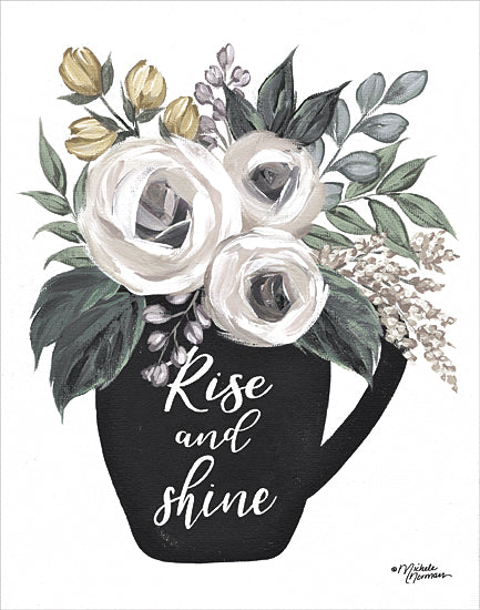 Michele Norman MN410 - MN410 - Rise and Shine     - 12x16 rise and shine, floral bouquet, morning coffee, kitchen wall art, motivational print, feminine decor, botanical illustration from Penny Lane