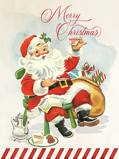 Mollie B. MOL2816 - MOL2816 - Santa Snack Break - 12x16 holidays & seasonal, food & drink, typography, figurative, christmas, coffee & tea, baked goods, word art, santa, gifts, tea set, holly, striped border, vintage, whimsical, watercolor, red from Penny Lane