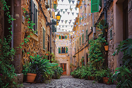 Martin Podt MPP1208 - MPP1208 - Cobblestone Garden - 18x12 charming alleyway, cobblestone street, plants in pots, colorful bunting, rustic buildings, European village, cozy path, traditional windows, summer ambiance from Penny Lane