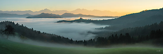 Martin Podt MPP1255 - MPP1255 - Serenity in the Mist - 36x12 misty mountain landscape, sunrise fog, rolling hills, layered mountains, soft light, countryside valley, tranquil nature, scenic vista, atmospheric haze, green meadow from Penny Lane