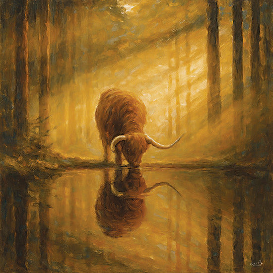 Martin Podt MPP1291 - MPP1291 - The Shaggy Wanderer - 12x12 highland cow painting, drinking water reflection, forest glow, warm golden tones, rustic wildlife art, textured brush strokes, serene woodland scene from Penny Lane
