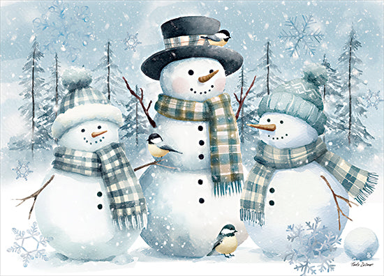 Nicole DeCamp ND1001 - ND1001 - Blue Winter Snowmen Trio - 16x12 three snowmen, chickadees, plaid scarves, snowy pine trees, winter wonderland, family snowmen, festive holiday illustration, cheerful Christmas scene from Penny Lane