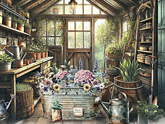 Nicole DeCamp ND401 - ND401 - In the Garden Floral Tub - 16x12 Still Life, Garden, Garden Shed, Plants, Floral Tub, Galvanized Tub, Flowers, Watering Cans, Shelves, Spring, Baskets, Green Plants, Garden Tools from Penny Lane