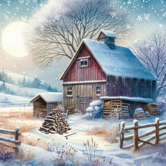 Nicole DeCamp ND554 - ND554 - Moonlight Night on the Farm - 12x12 Winter, Farm, Barn, Snow, Fence, Logs, Landscape, Trees, Hills, Moon, Evening from Penny Lane