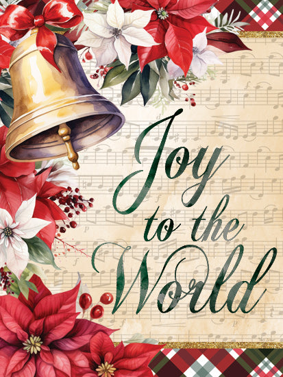 Nicole DeCamp ND658 - ND658 - Joy to the World Bell - 12x16 Christmas, Holidays, Bell, Joy to the World, Typography, Signs, Textual Art, Flowers, Poinsettias, Sheet Music, Plaid, Berries, Red Ribbon from Penny Lane