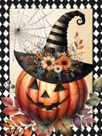 Nicole DeCamp ND665 - ND665 - Vintage Halloween Pumpkin - 12x16 Halloween, Fall, Still Life, Jack O'Lantern, Witch's Hat, Flowers, Greenery, Spider's Web, Leaves, Harlequin Border, Vintage from Penny Lane