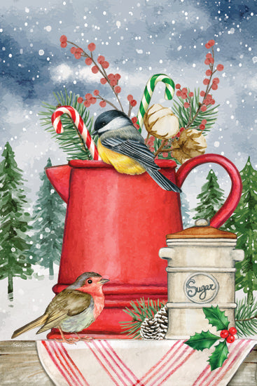 Nicole DeCamp ND688 - ND688 - Winter Birds - 12x18 Christmas, Holidays, Red Pitcher, Sugar Cannister, Still Life, Birds, Candy Canes, Berries, Trees, Winter, Snow, Tea Towel, Cotton from Penny Lane