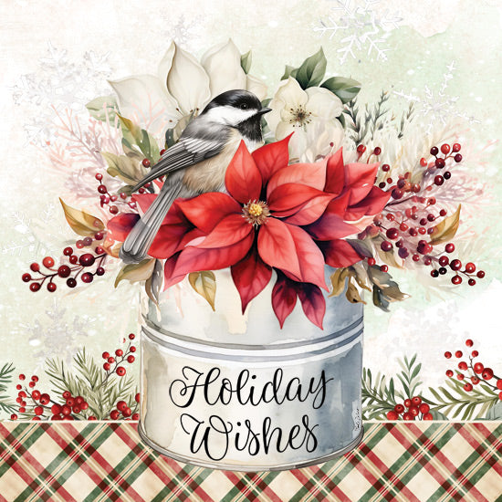 Nicole DeCamp ND722 - ND722 - Holiday Wishes Metal Bucket - 12x12 Christmas, Holidays, Still Life, Metal Bucket, Flowers, Christmas Flowers, Bird, Berries, Holiday Wishes, Typography, Signs, Textual Art, Winter, Plaid from Penny Lane