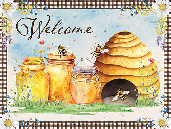 Nicole DeCamp ND847 - ND847 - Welcome Wild Beehives - 16x12 welcome bee sign, watercolor beehive, honey jars, bumblebees, floral border, farmhouse decor, rustic apiary art, cheerful greeting sign, hand painted style, cottage garden flowers, whimsical bee illustration, honey themed artwork, country home decor, decorative welcome print, spring and summer feel, charming wall art, bee house, soft pastel palette, friendly entryway sign, painterly farmhouse design from Penny Lane