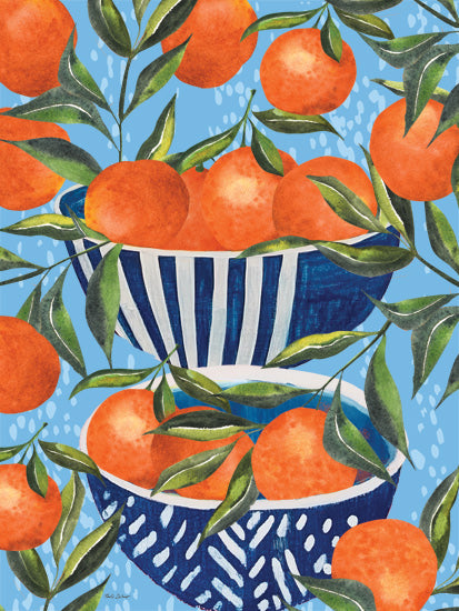 Nicole DeCamp ND852 - ND852 - Citrus Oranges - 12x16 oranges in patterned bowl, citrus leaves, bright blue background, fruit still life, painterly illustration, kitchen wall art from Penny Lane