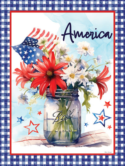Nicole DeCamp ND875 - ND875 - America Bouquet - 12x16 America mason jar bouquet, patriotic flowers, flag bouquet, summer decor, watercolor theme, gingham background, rustic charm, 4th of July art from Penny Lane