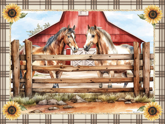 Nicole DeCamp ND888 - ND888 - Fence Line Friends - 16x12 horses behind fence, red barn background, rustic country art, sunflower accents, farmhouse decor from Penny Lane