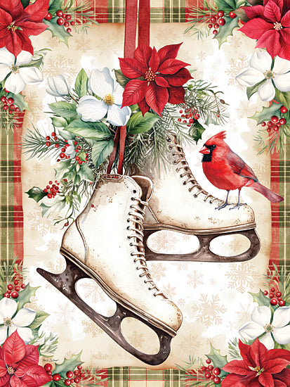 Nicole DeCamp ND947 - ND947 - Christmas Skates - 12x16 holidays & seasonal, animals, botanical, backgrounds & patterns, christmas, winter, birds, floral, greenery, leaves, cardinal, ice skates, poinsettia, holly, pine needles, snowflakes, plaid, whimsical, decorative, watercolor, red from Penny Lane